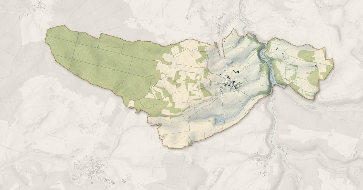 Portrait cartographique de Ageville : relief, eau, forêts, bâti et voies, calculés à partir des données de l'IGN
