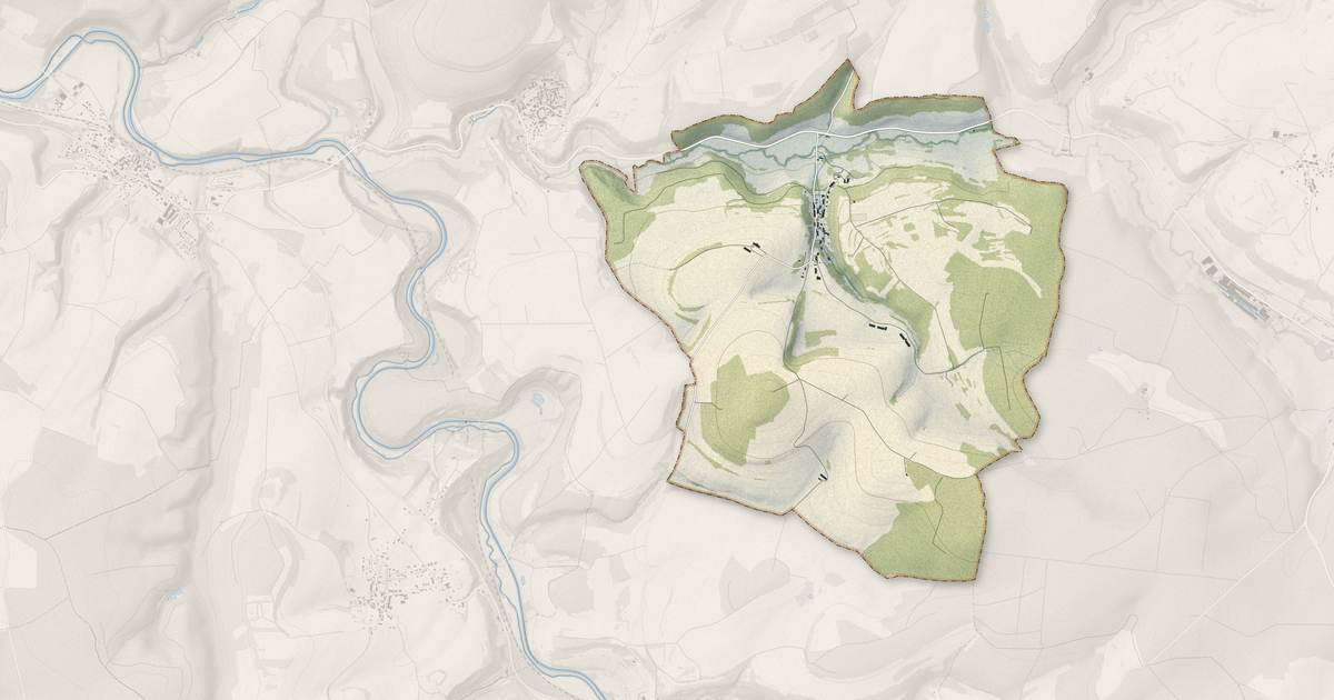 Portrait cartographique de Louvières : relief, eau, forêts, bâti et voies, calculés à partir des données de l'IGN