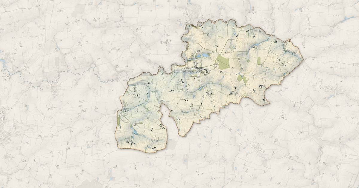 Portrait cartographique de Cuillé : relief, eau, forêts, bâti et voies, calculés à partir des données de l'IGN