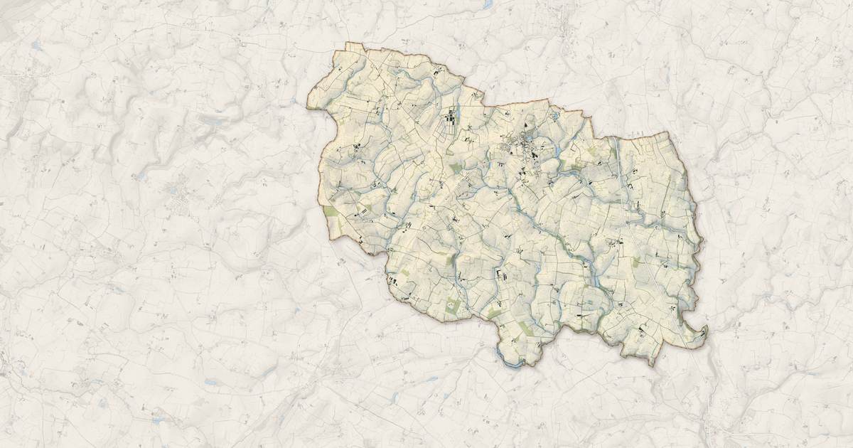 Portrait cartographique de Larchamp : relief, eau, forêts, bâti et voies, calculés à partir des données de l'IGN