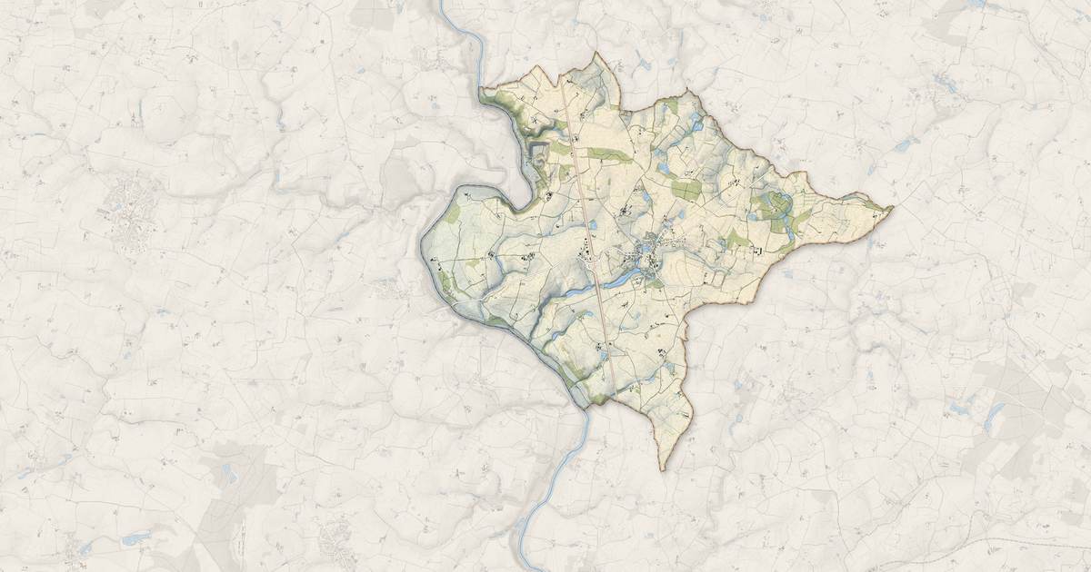 Portrait cartographique de Villiers-Charlemagne : relief, eau, forêts, bâti et voies, calculés à partir des données de l'IGN