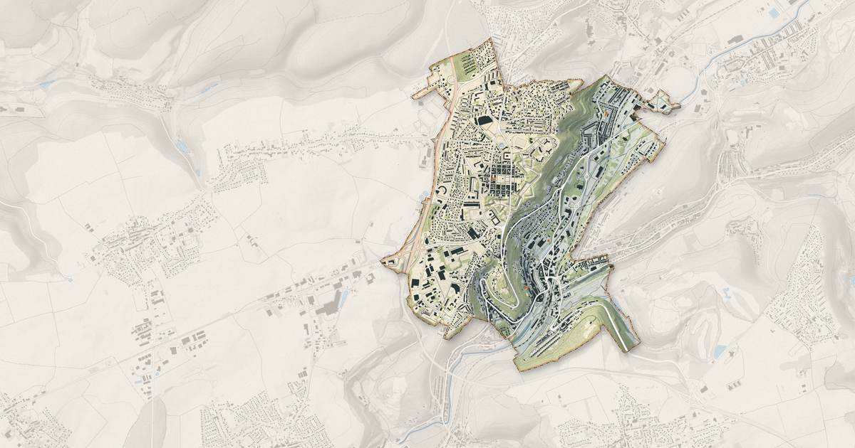 Portrait cartographique de Longwy : relief, eau, forêts, bâti et voies, calculés à partir des données de l'IGN