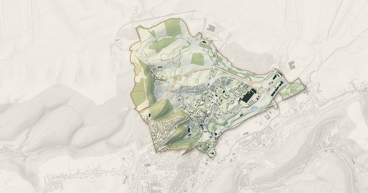 Portrait cartographique de Mont-Saint-Martin : relief, eau, forêts, bâti et voies, calculés à partir des données de l'IGN