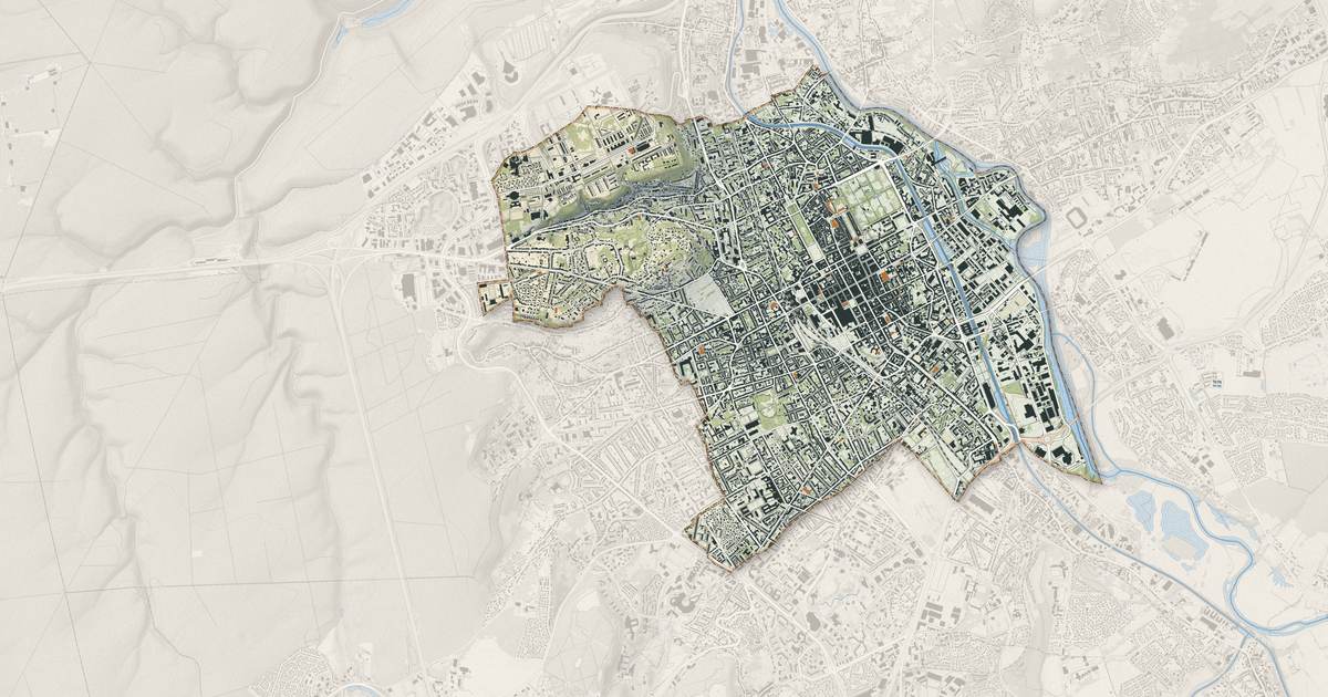 Portrait cartographique de Nancy : relief, eau, forêts, bâti et voies, calculés à partir des données de l'IGN