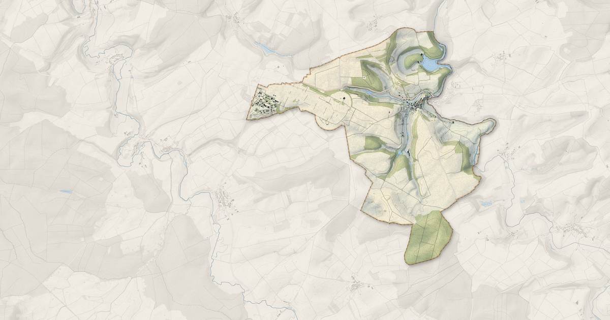 Portrait cartographique de Marville : relief, eau, forêts, bâti et voies, calculés à partir des données de l'IGN