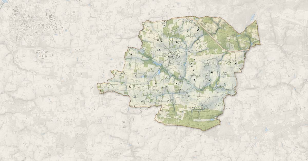 Portrait cartographique de Augan : relief, eau, forêts, bâti et voies, calculés à partir des données de l'IGN
