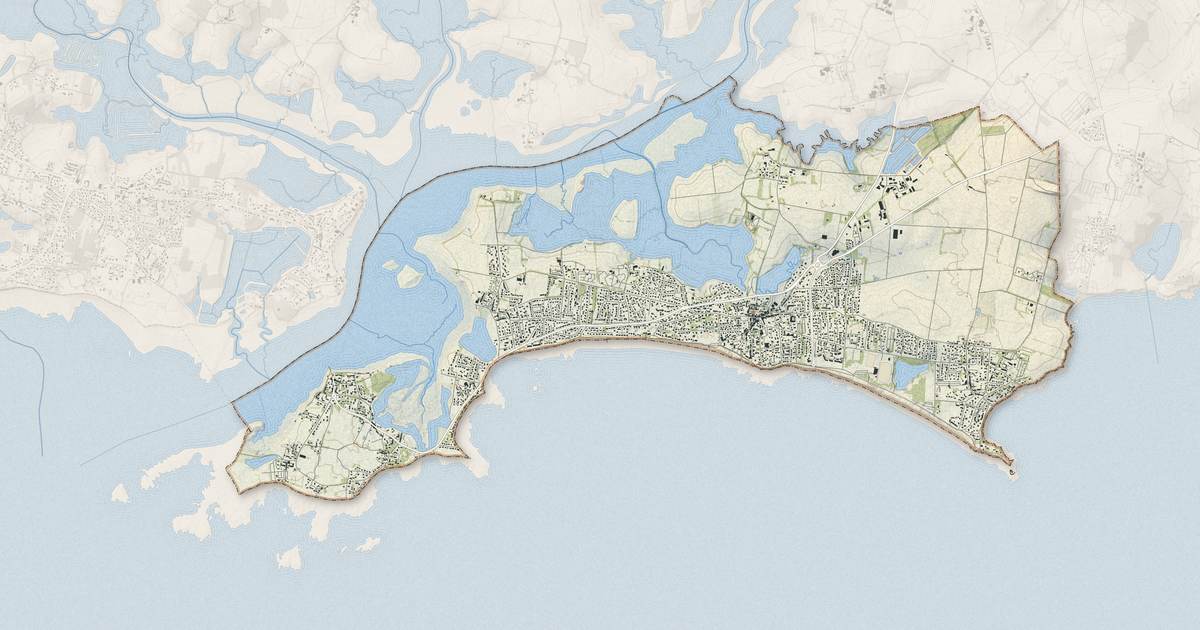Portrait cartographique de Damgan : relief, eau, forêts, bâti et voies, calculés à partir des données de l'IGN
