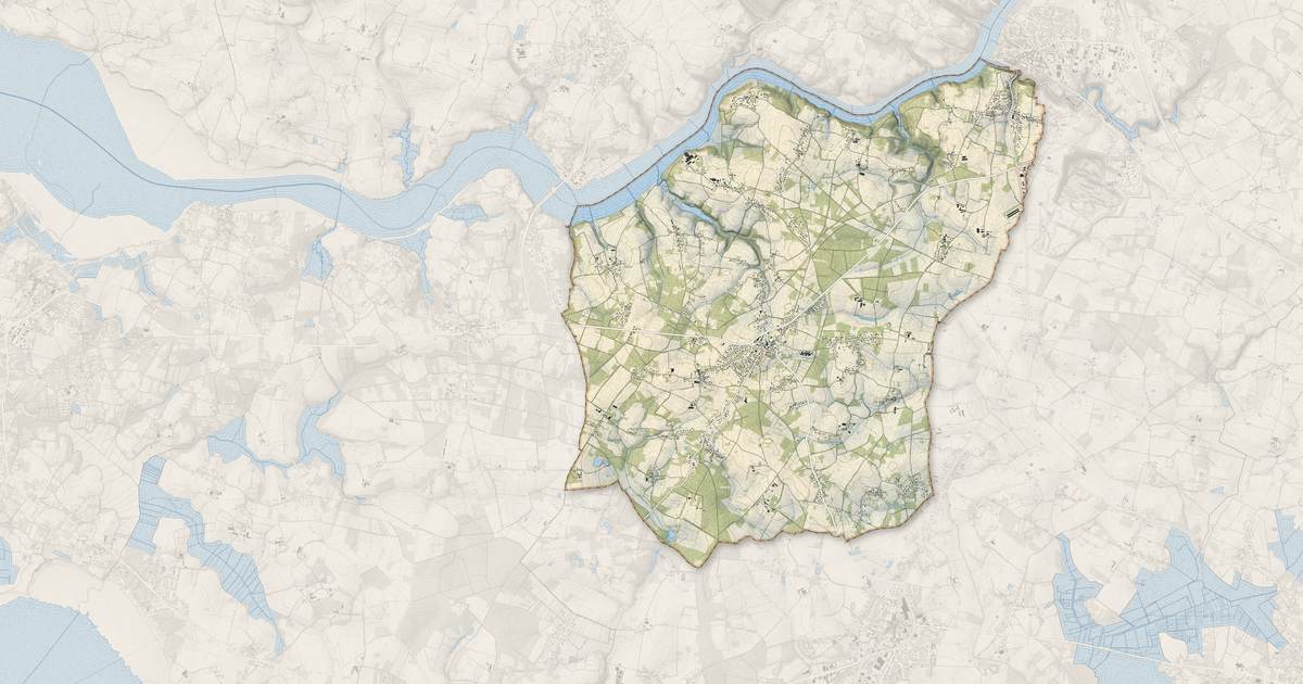 Portrait cartographique de Férel : relief, eau, forêts, bâti et voies, calculés à partir des données de l'IGN