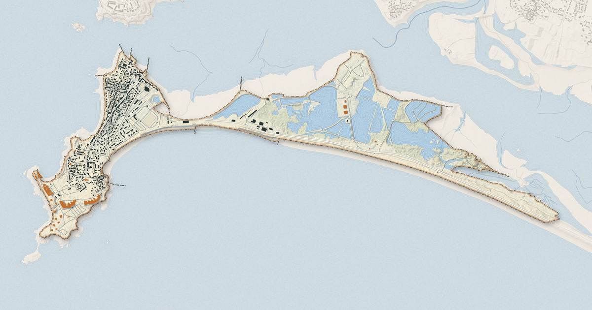 Portrait cartographique de Gâvres : relief, eau, forêts, bâti et voies, calculés à partir des données de l'IGN