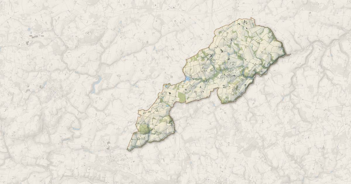 Portrait cartographique de Guéhenno : relief, eau, forêts, bâti et voies, calculés à partir des données de l'IGN