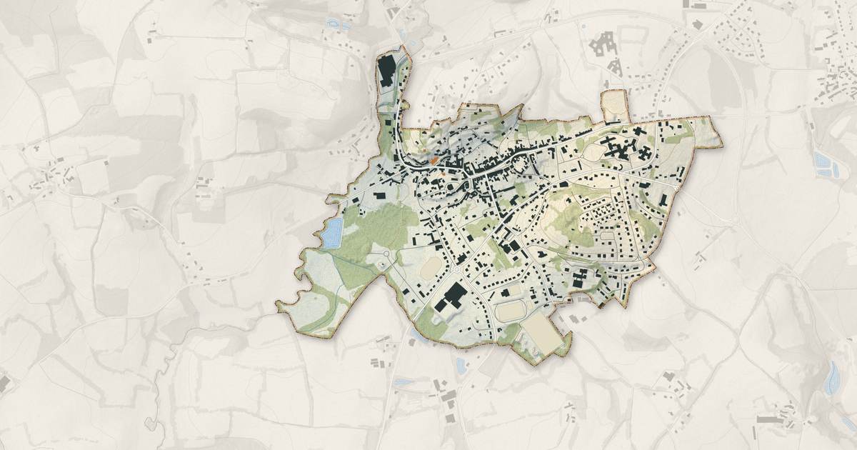 Portrait cartographique de Guémené-sur-Scorff : relief, eau, forêts, bâti et voies, calculés à partir des données de l'IGN