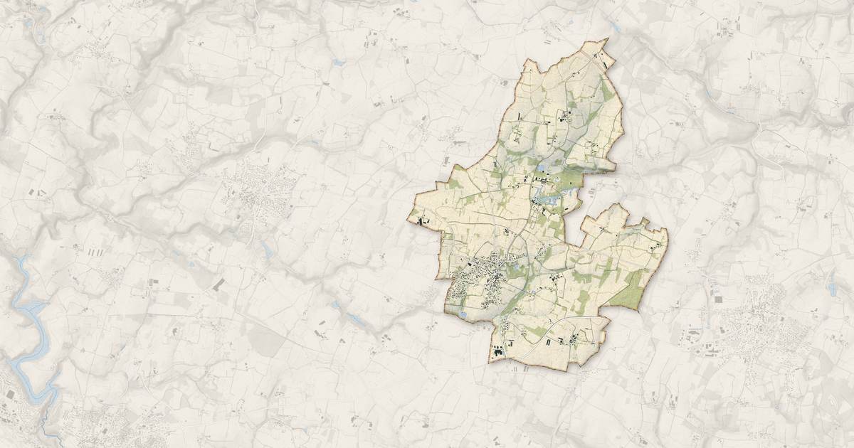 Portrait cartographique de Le Guerno : relief, eau, forêts, bâti et voies, calculés à partir des données de l'IGN