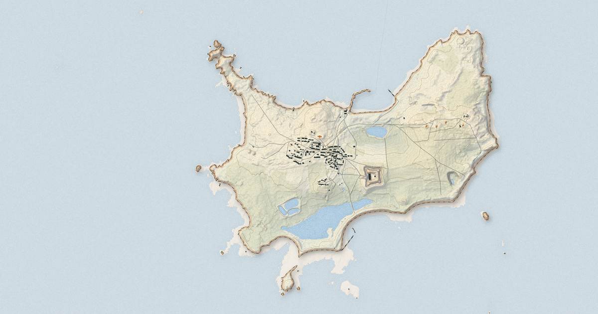 Portrait cartographique de Hœdic : relief, eau, forêts, bâti et voies, calculés à partir des données de l'IGN