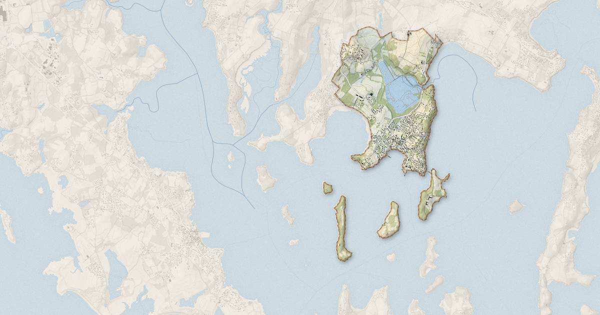 Portrait cartographique de Larmor-Baden : relief, eau, forêts, bâti et voies, calculés à partir des données de l'IGN