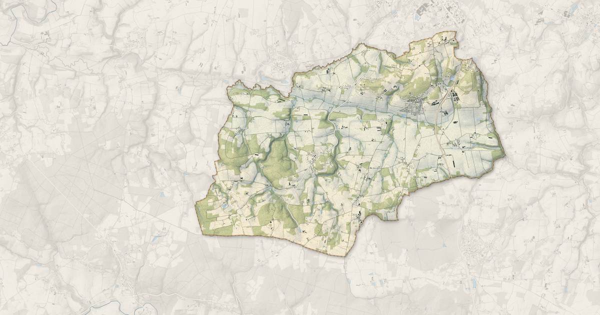 Portrait cartographique de Moustoir-Ac : relief, eau, forêts, bâti et voies, calculés à partir des données de l'IGN