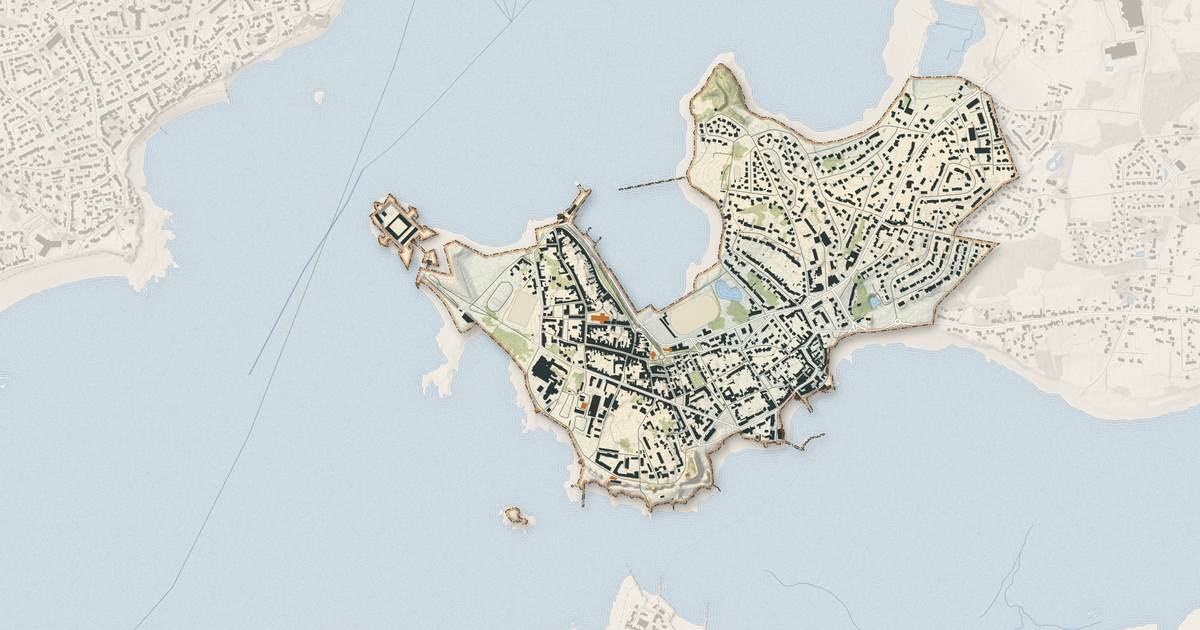 Portrait cartographique de Port-Louis : relief, eau, forêts, bâti et voies, calculés à partir des données de l'IGN
