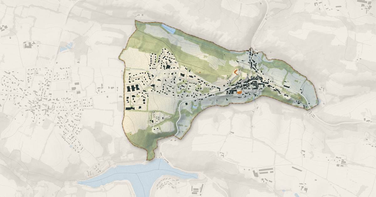 Portrait cartographique de Rochefort-en-Terre : relief, eau, forêts, bâti et voies, calculés à partir des données de l'IGN