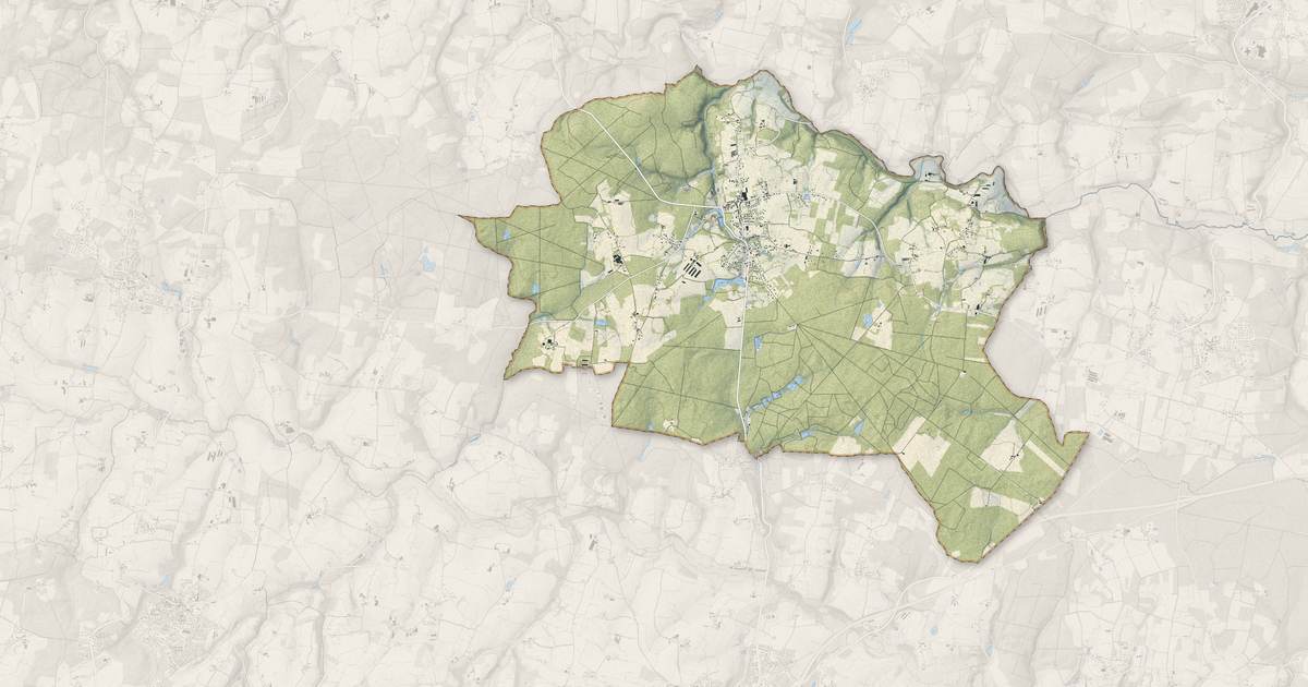 Portrait cartographique de Trédion : relief, eau, forêts, bâti et voies, calculés à partir des données de l'IGN