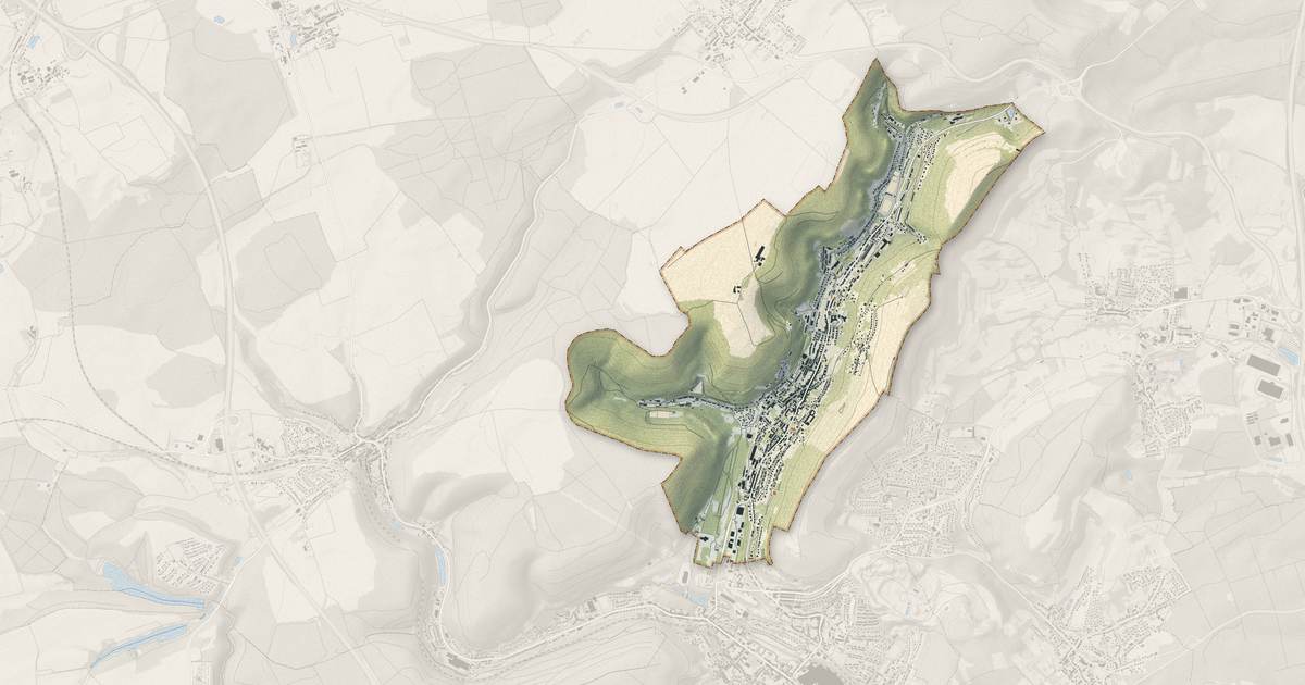 Portrait cartographique de Algrange : relief, eau, forêts, bâti et voies, calculés à partir des données de l'IGN
