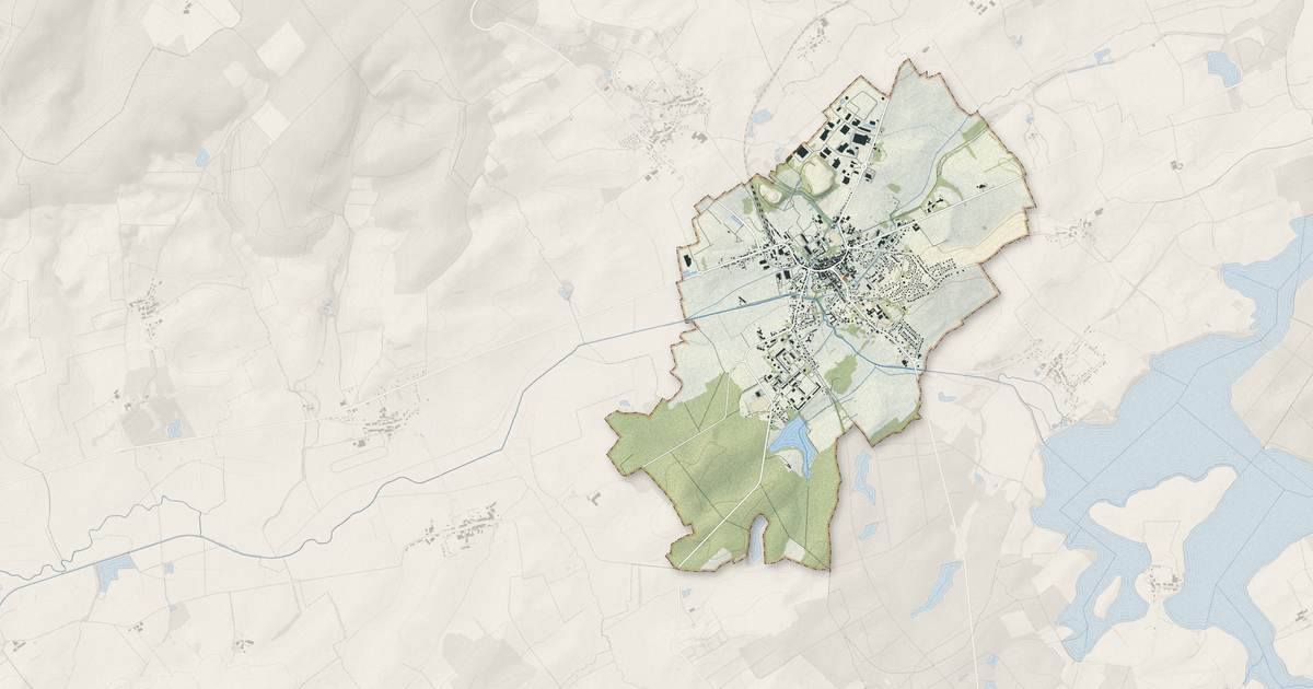 Portrait cartographique de Dieuze : relief, eau, forêts, bâti et voies, calculés à partir des données de l'IGN