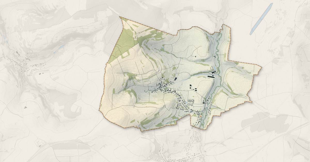 Portrait cartographique de Erching : relief, eau, forêts, bâti et voies, calculés à partir des données de l'IGN