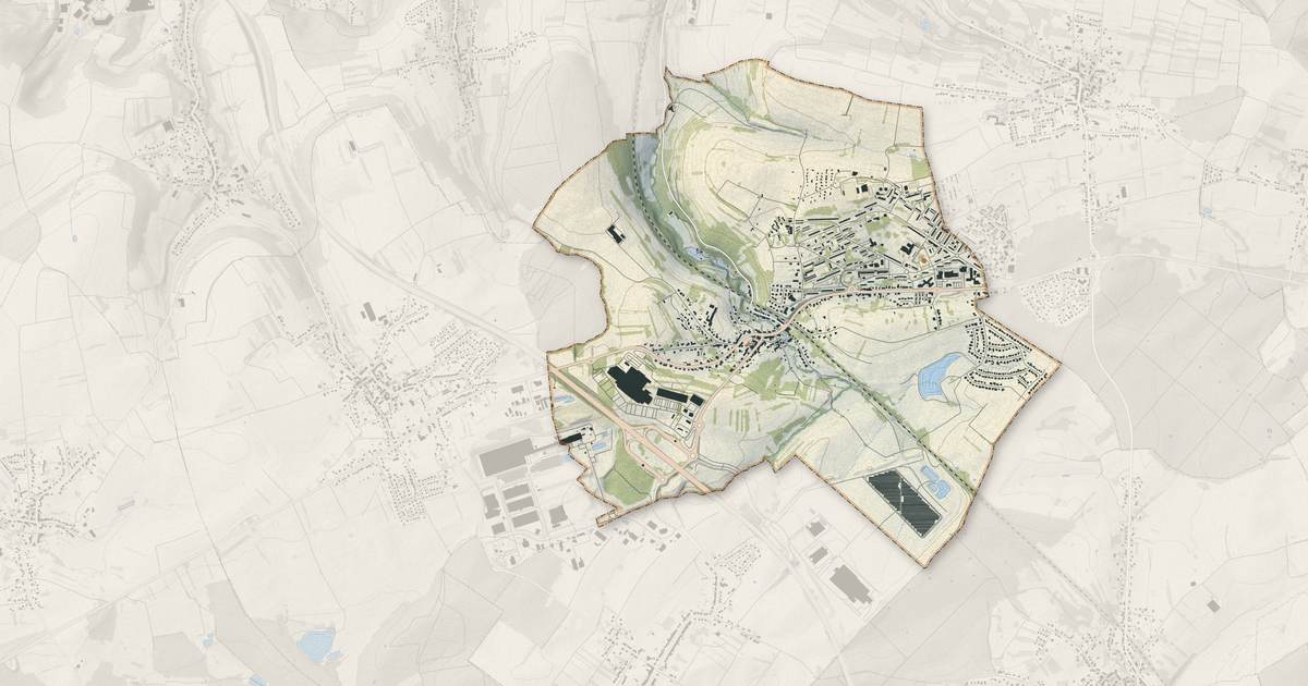 Portrait cartographique de Farébersviller : relief, eau, forêts, bâti et voies, calculés à partir des données de l'IGN