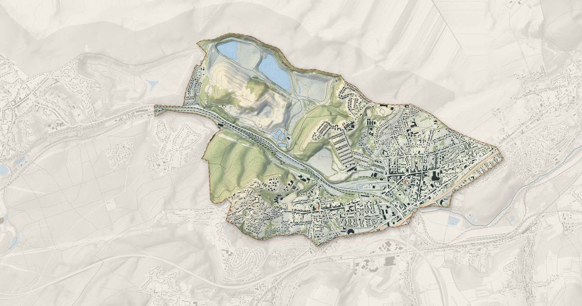 Portrait cartographique de Freyming-Merlebach : relief, eau, forêts, bâti et voies, calculés à partir des données de l'IGN