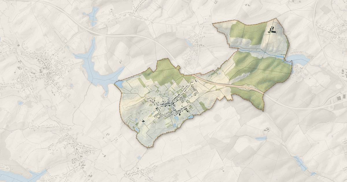 Portrait cartographique de Grundviller : relief, eau, forêts, bâti et voies, calculés à partir des données de l'IGN