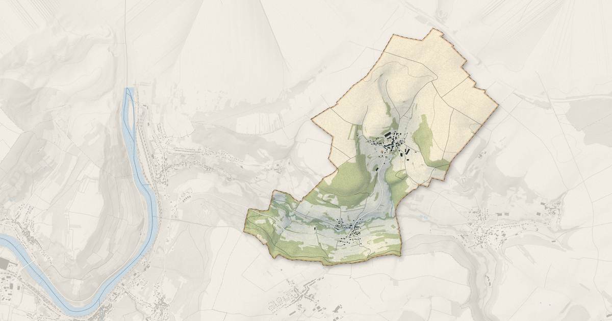 Portrait cartographique de Merschweiller : relief, eau, forêts, bâti et voies, calculés à partir des données de l'IGN