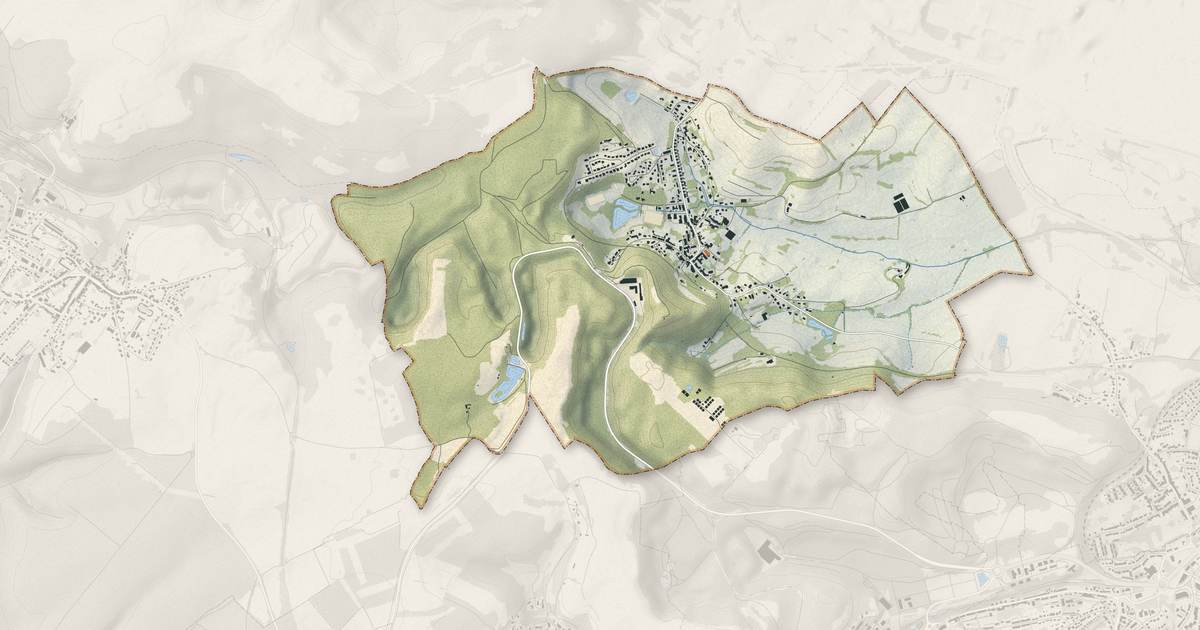 Portrait cartographique de Rédange : relief, eau, forêts, bâti et voies, calculés à partir des données de l'IGN