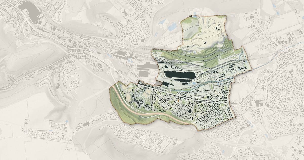 Portrait cartographique de Serémange-Erzange : relief, eau, forêts, bâti et voies, calculés à partir des données de l'IGN
