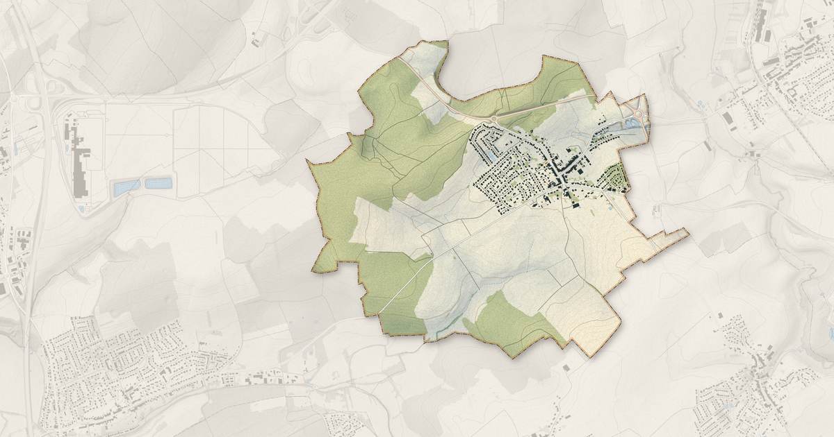 Portrait cartographique de Stuckange : relief, eau, forêts, bâti et voies, calculés à partir des données de l'IGN
