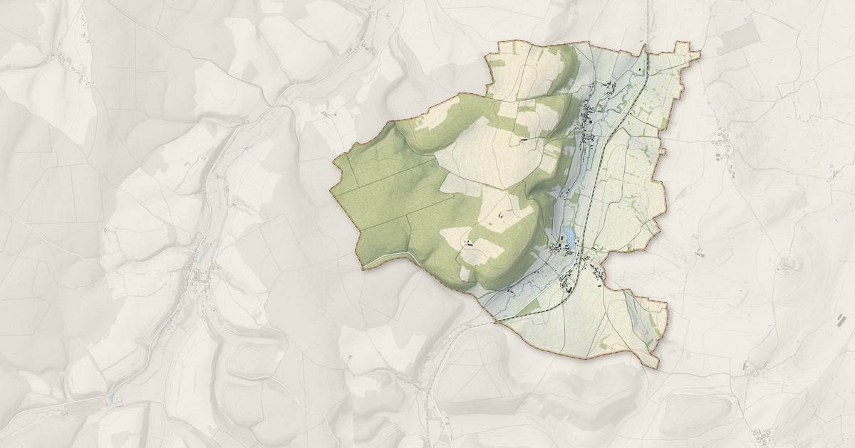 Portrait cartographique de Courcelles : relief, eau, forêts, bâti et voies, calculés à partir des données de l'IGN