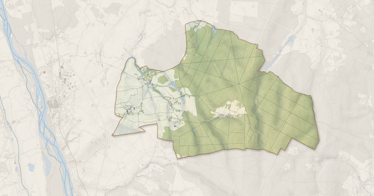 Portrait cartographique de Raveau : relief, eau, forêts, bâti et voies, calculés à partir des données de l'IGN