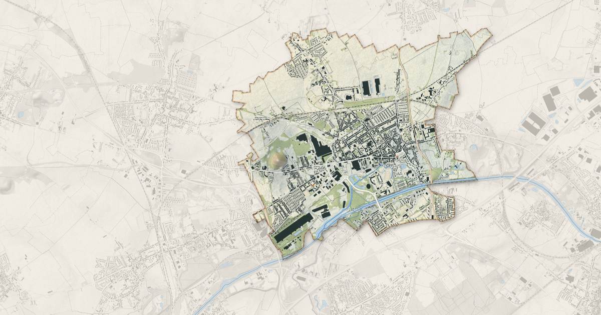 Portrait cartographique de Denain : relief, eau, forêts, bâti et voies, calculés à partir des données de l'IGN