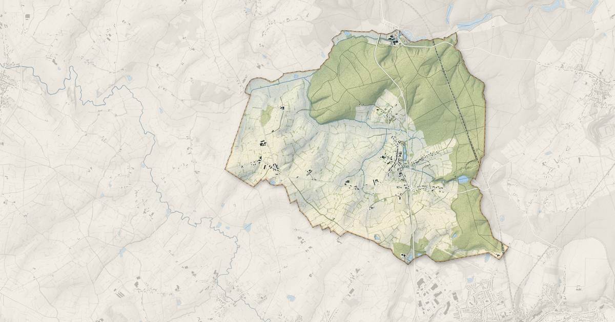 Portrait cartographique de Féron : relief, eau, forêts, bâti et voies, calculés à partir des données de l'IGN