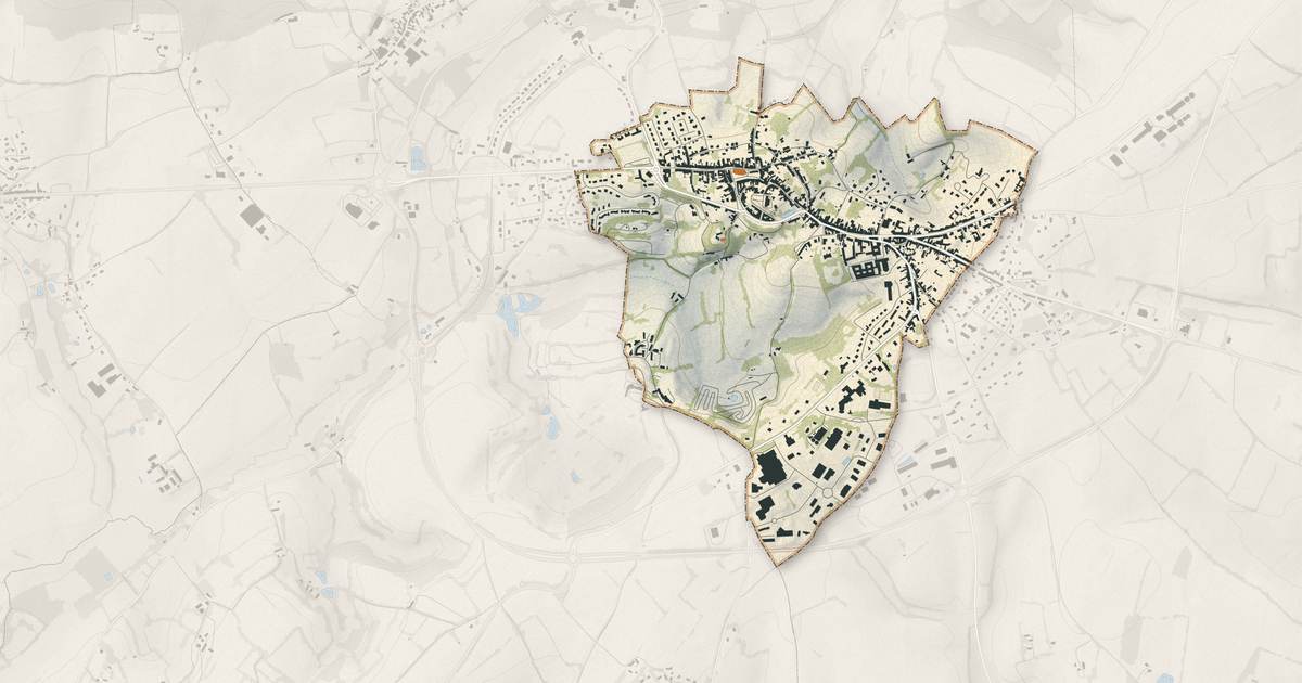 Portrait cartographique de Bellême : relief, eau, forêts, bâti et voies, calculés à partir des données de l'IGN