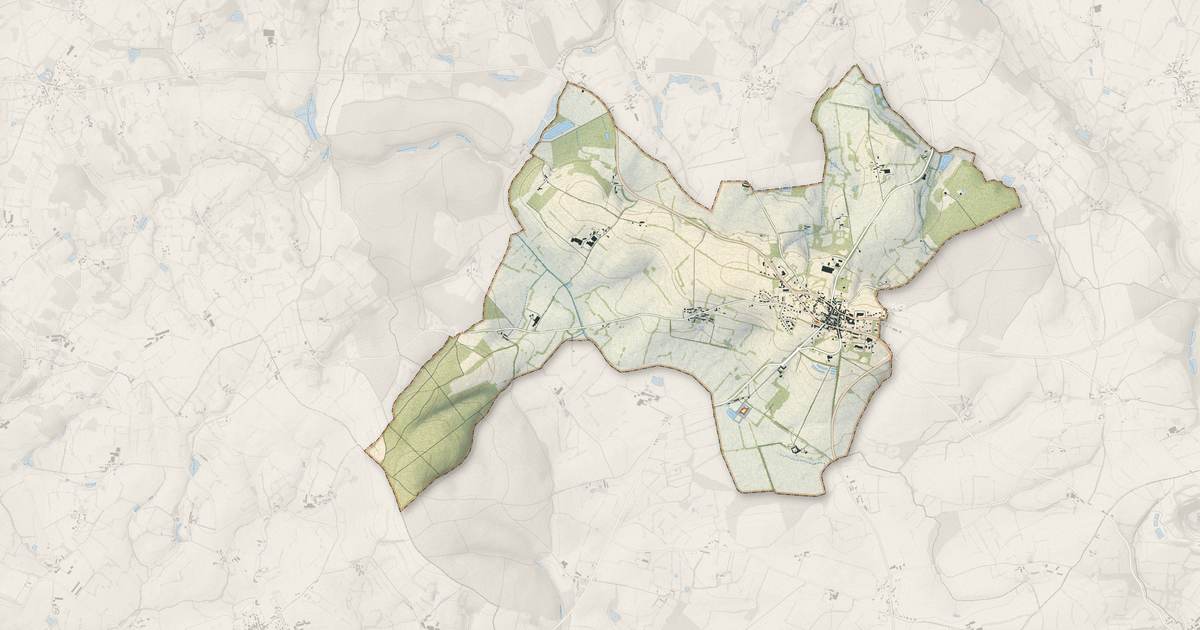 Portrait cartographique de Carrouges : relief, eau, forêts, bâti et voies, calculés à partir des données de l'IGN