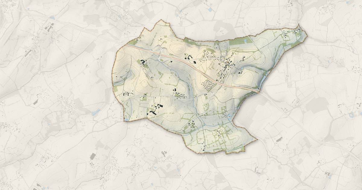 Portrait cartographique de Landigou : relief, eau, forêts, bâti et voies, calculés à partir des données de l'IGN