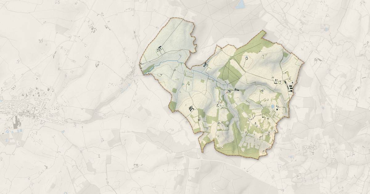 Portrait cartographique de Pouvrai : relief, eau, forêts, bâti et voies, calculés à partir des données de l'IGN