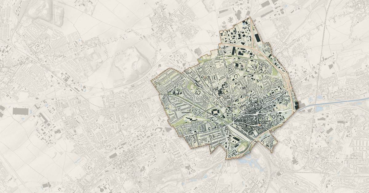 Portrait cartographique de Lens : relief, eau, forêts, bâti et voies, calculés à partir des données de l'IGN