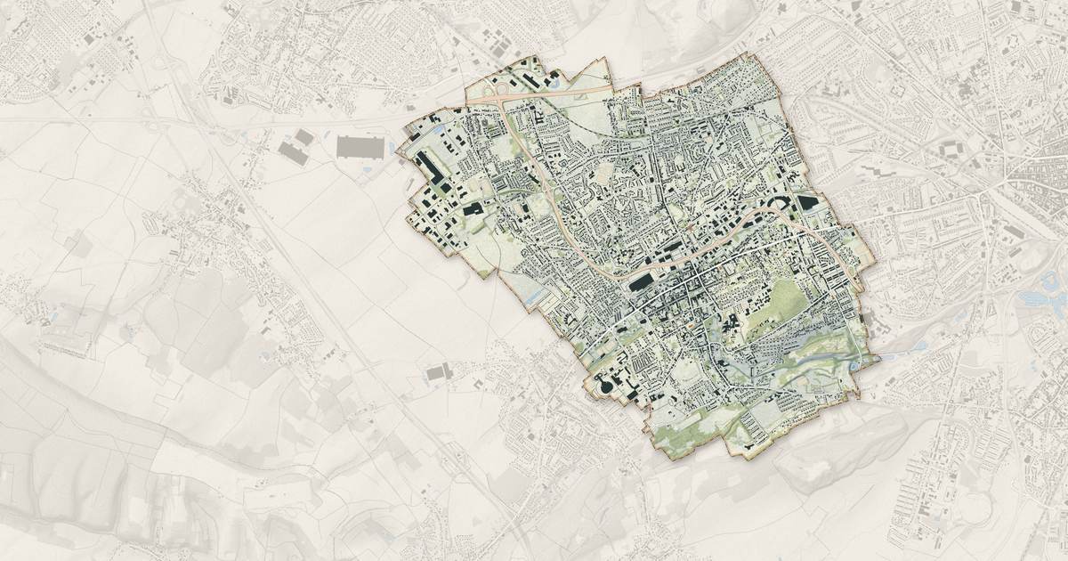 Portrait cartographique de Liévin : relief, eau, forêts, bâti et voies, calculés à partir des données de l'IGN