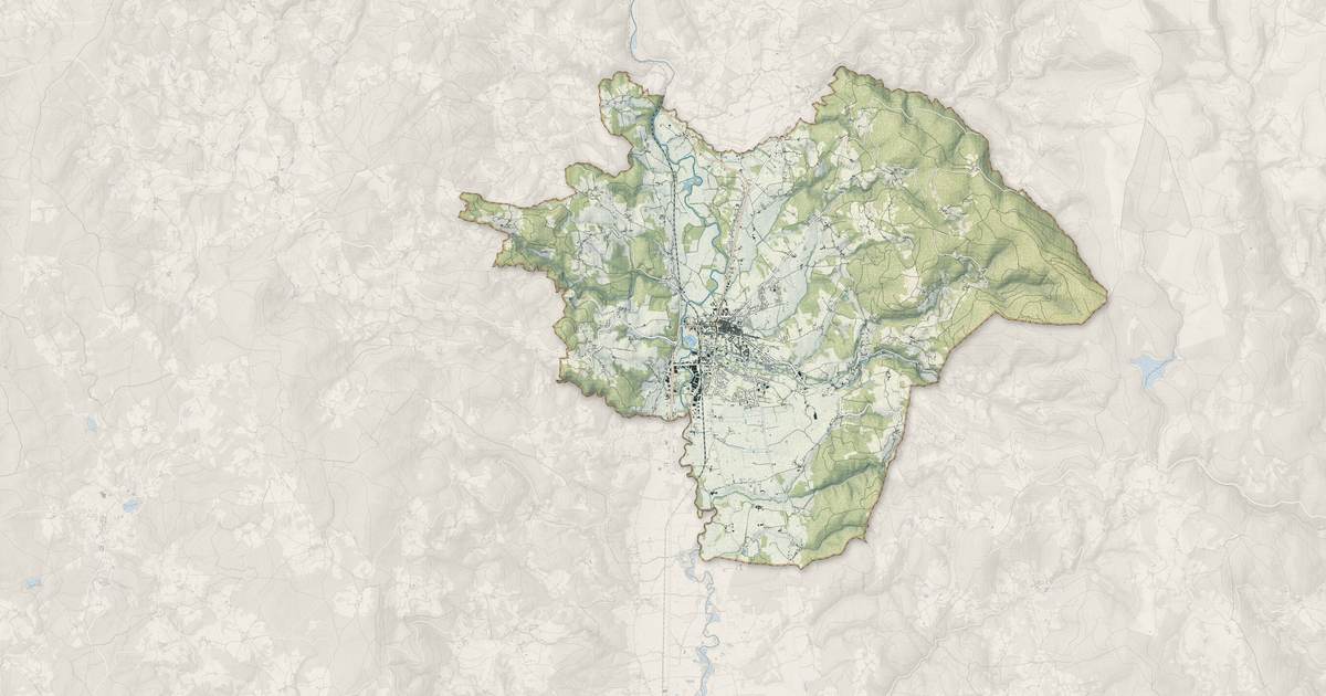 Portrait cartographique de Ambert : relief, eau, forêts, bâti et voies, calculés à partir des données de l'IGN