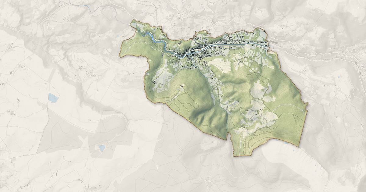 Portrait cartographique de La Bourboule : relief, eau, forêts, bâti et voies, calculés à partir des données de l'IGN