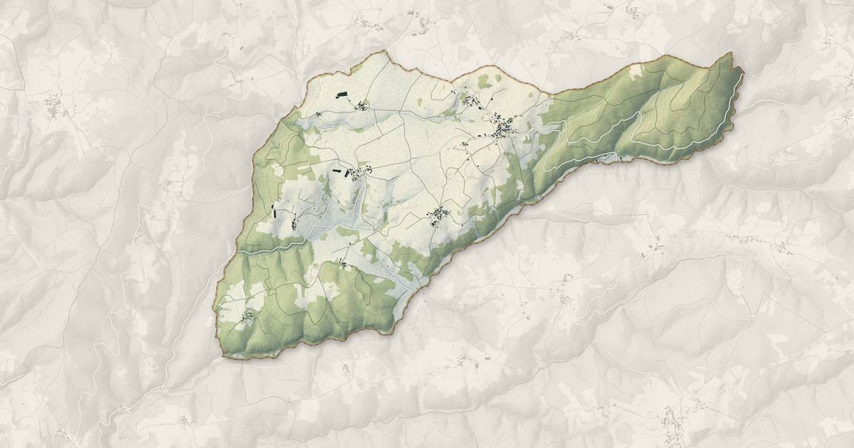 Portrait cartographique de Champagnat-le-Jeune : relief, eau, forêts, bâti et voies, calculés à partir des données de l'IGN