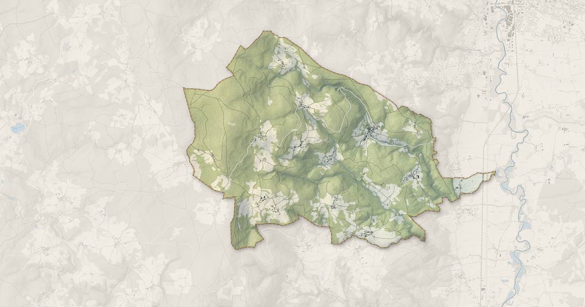 Portrait cartographique de Champétières : relief, eau, forêts, bâti et voies, calculés à partir des données de l'IGN