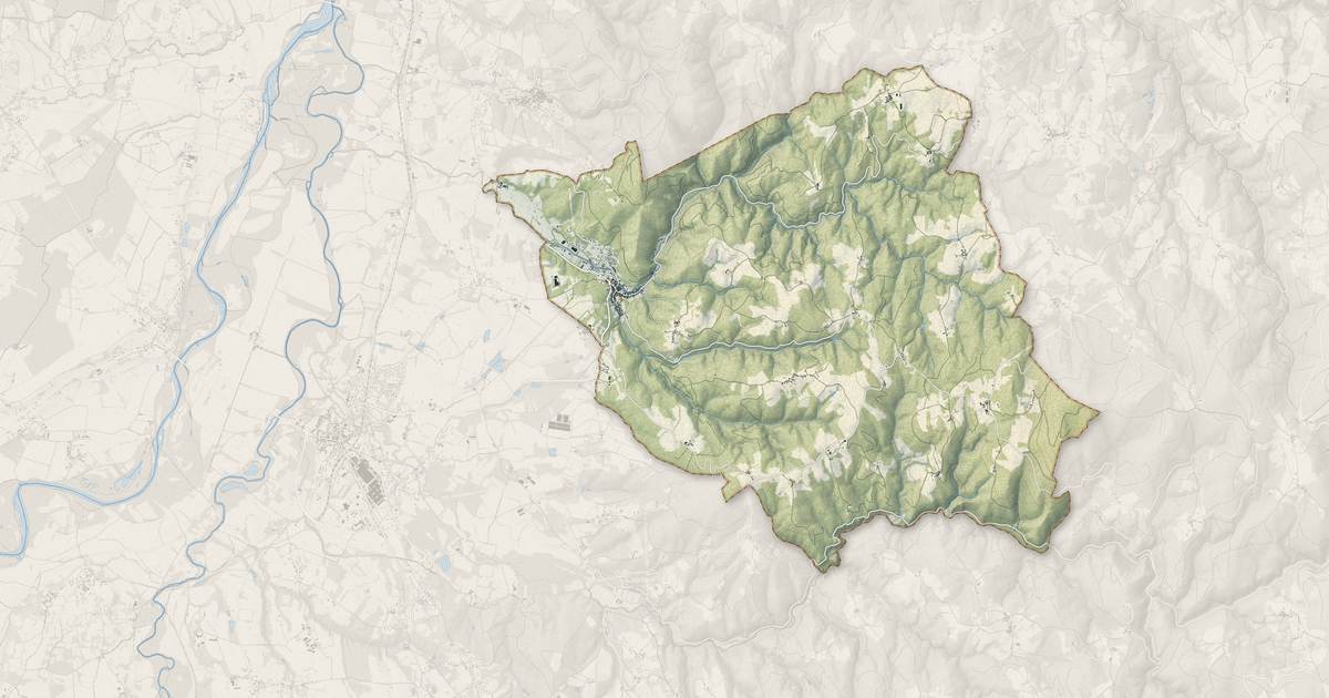 Portrait cartographique de Châteldon : relief, eau, forêts, bâti et voies, calculés à partir des données de l'IGN