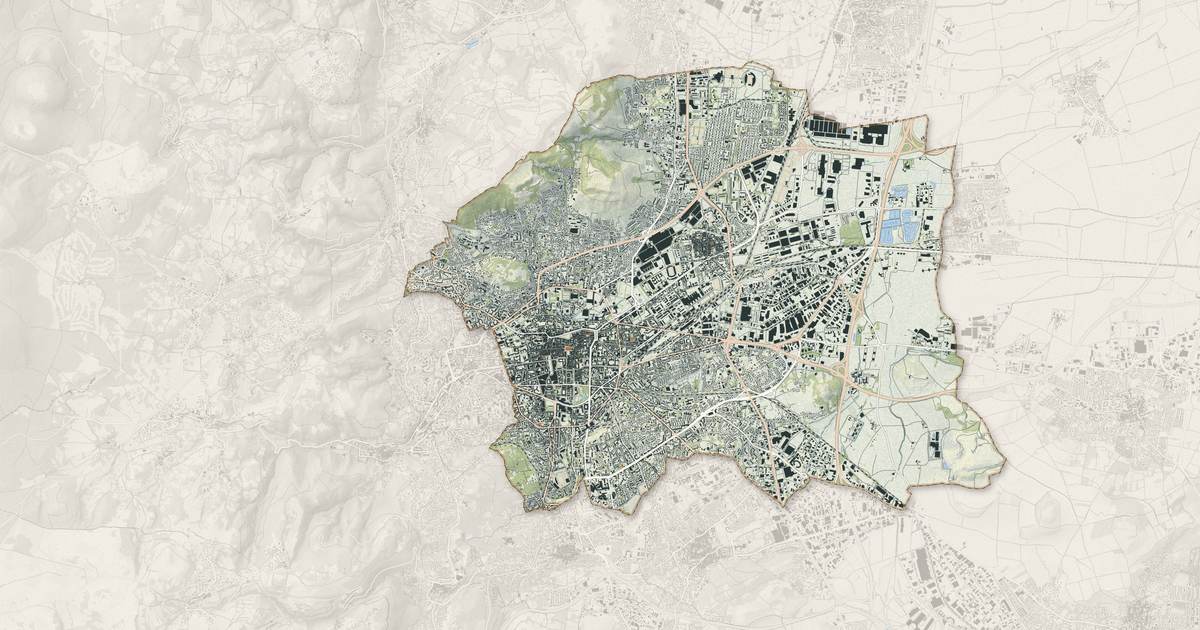Portrait cartographique de Clermont-Ferrand : relief, eau, forêts, bâti et voies, calculés à partir des données de l'IGN