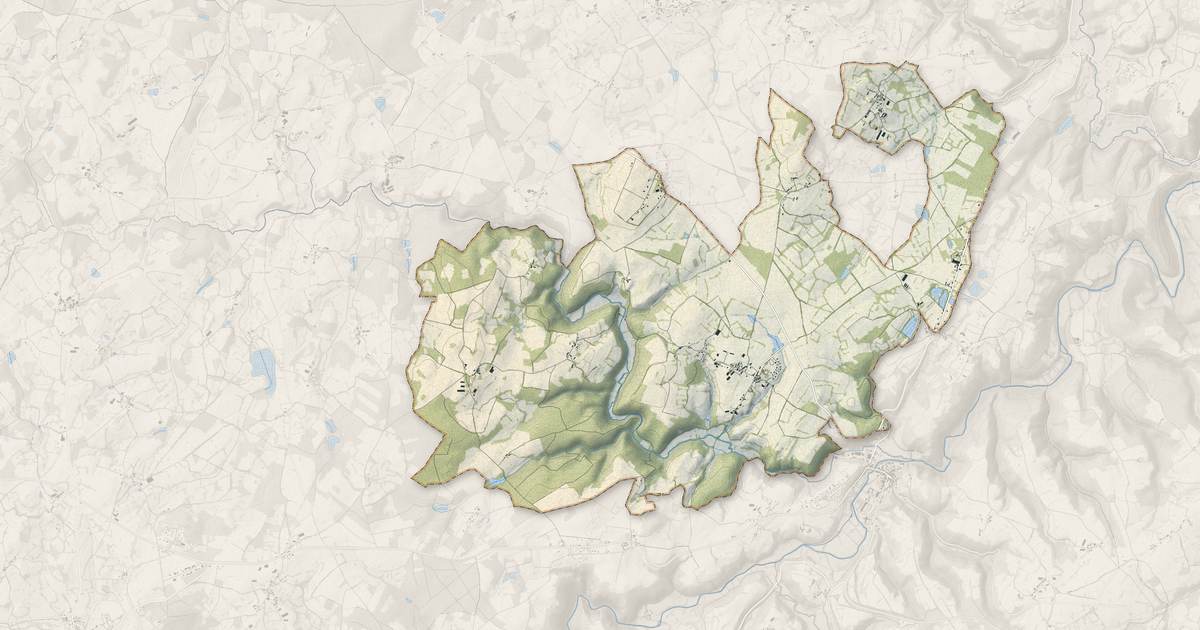Portrait cartographique de Landogne : relief, eau, forêts, bâti et voies, calculés à partir des données de l'IGN