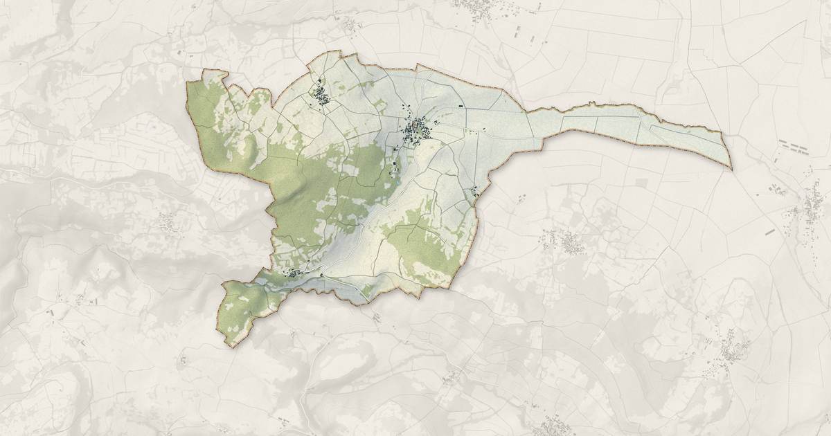 Portrait cartographique de Mareugheol : relief, eau, forêts, bâti et voies, calculés à partir des données de l'IGN